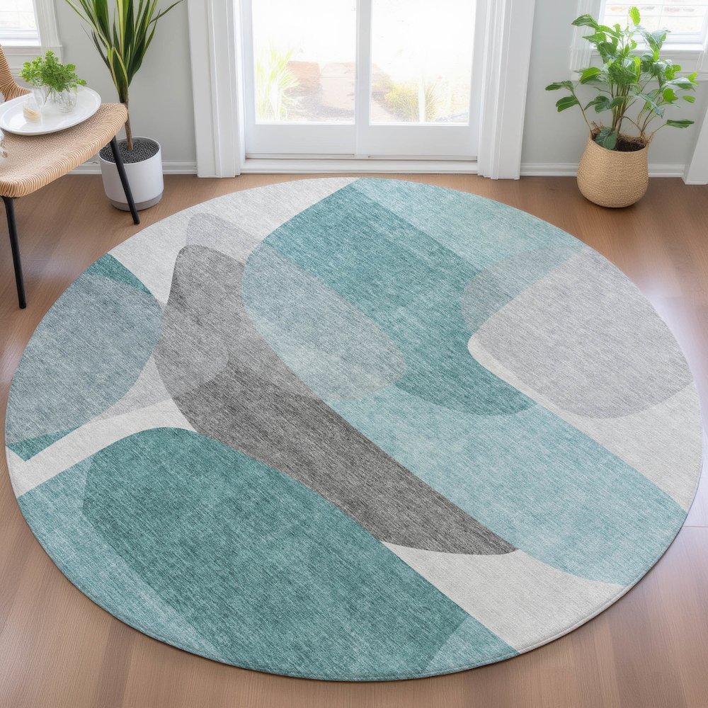 Machine Washable Indoor/Outdoor Chantille ACN2121 Teal 8' x 8' Round Rug. Picture 5