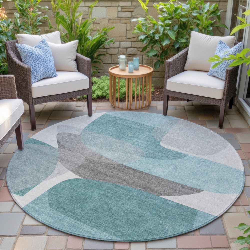 Machine Washable Indoor/Outdoor Chantille ACN2121 Teal 8' x 8' Round Rug. Picture 6