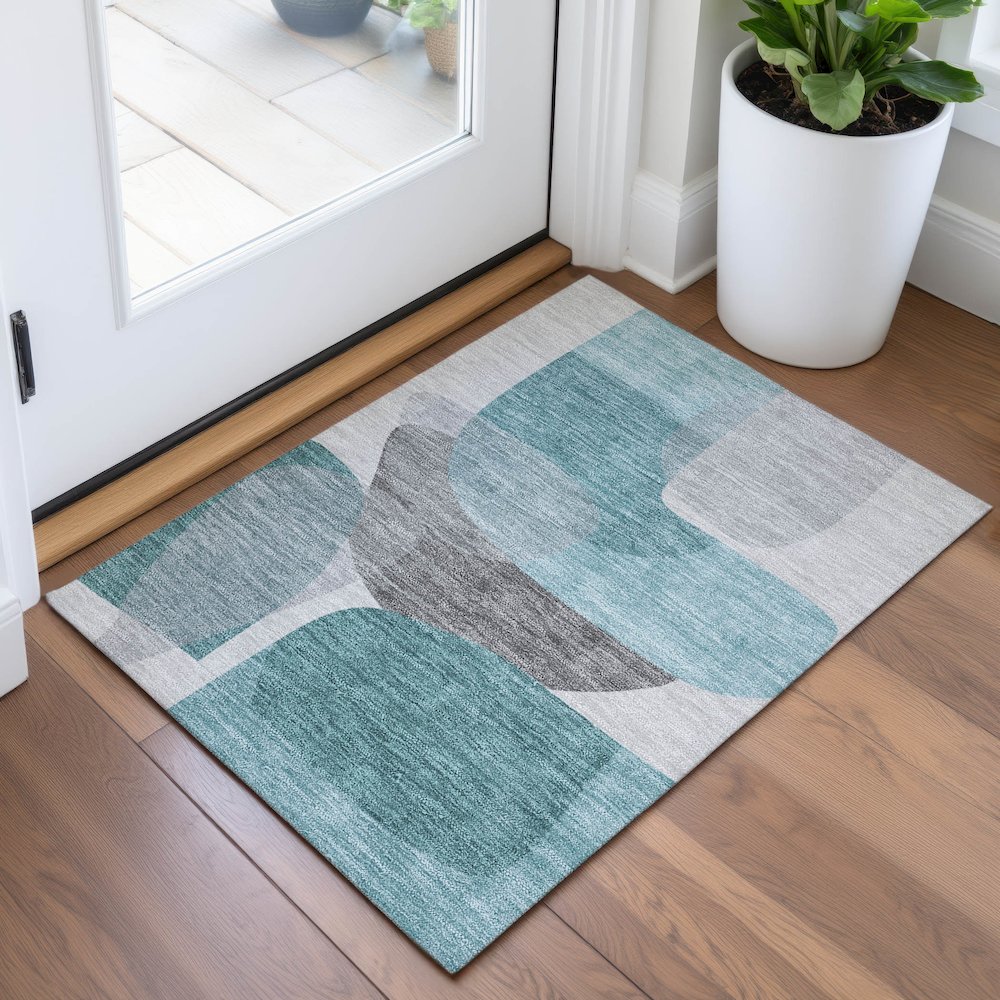 Machine Washable Indoor/Outdoor Chantille ACN2121 Teal 1'8" x 2'6" Rug. Picture 5