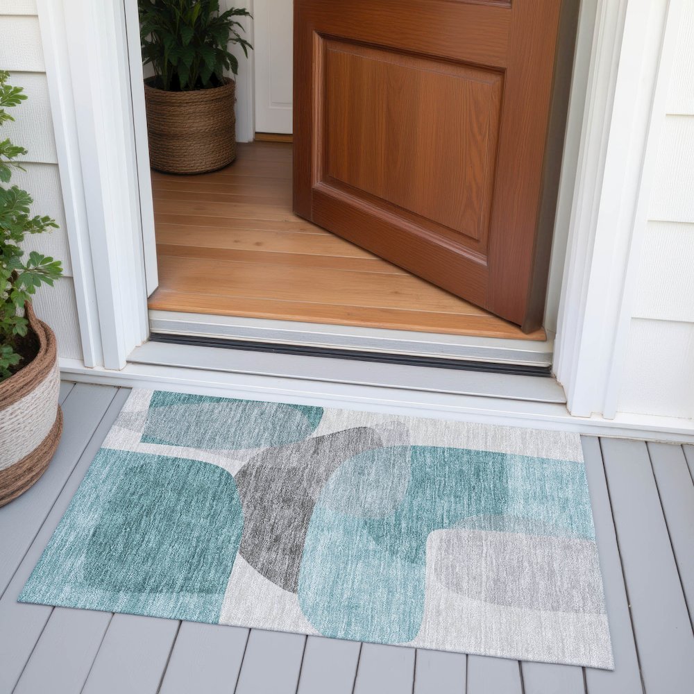 Machine Washable Indoor/Outdoor Chantille ACN2121 Teal 1'8" x 2'6" Rug. Picture 6