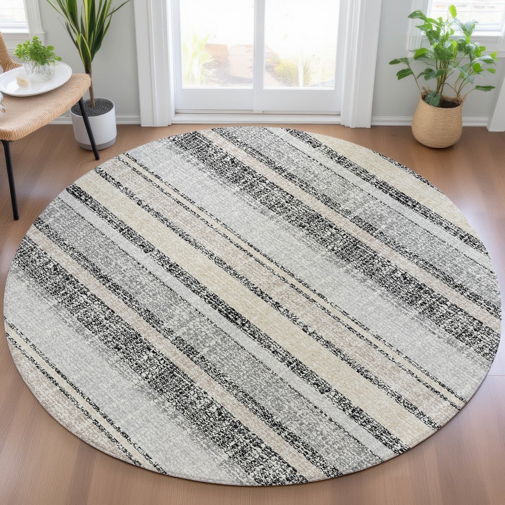 Machine Washable Indoor/Outdoor Chantille ACN2122 Black 8' x 8' Round Rug. Picture 5