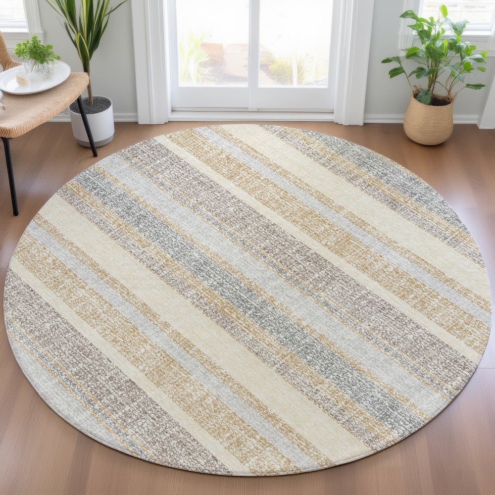 Machine Washable Indoor/Outdoor Chantille ACN2122 Gold 8' x 8' Round Rug. Picture 5