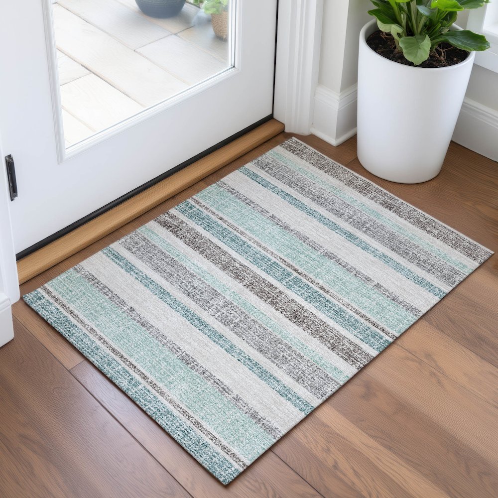 Machine Washable Indoor/Outdoor Chantille ACN2122 Teal 1'8" x 2'6" Rug. Picture 5