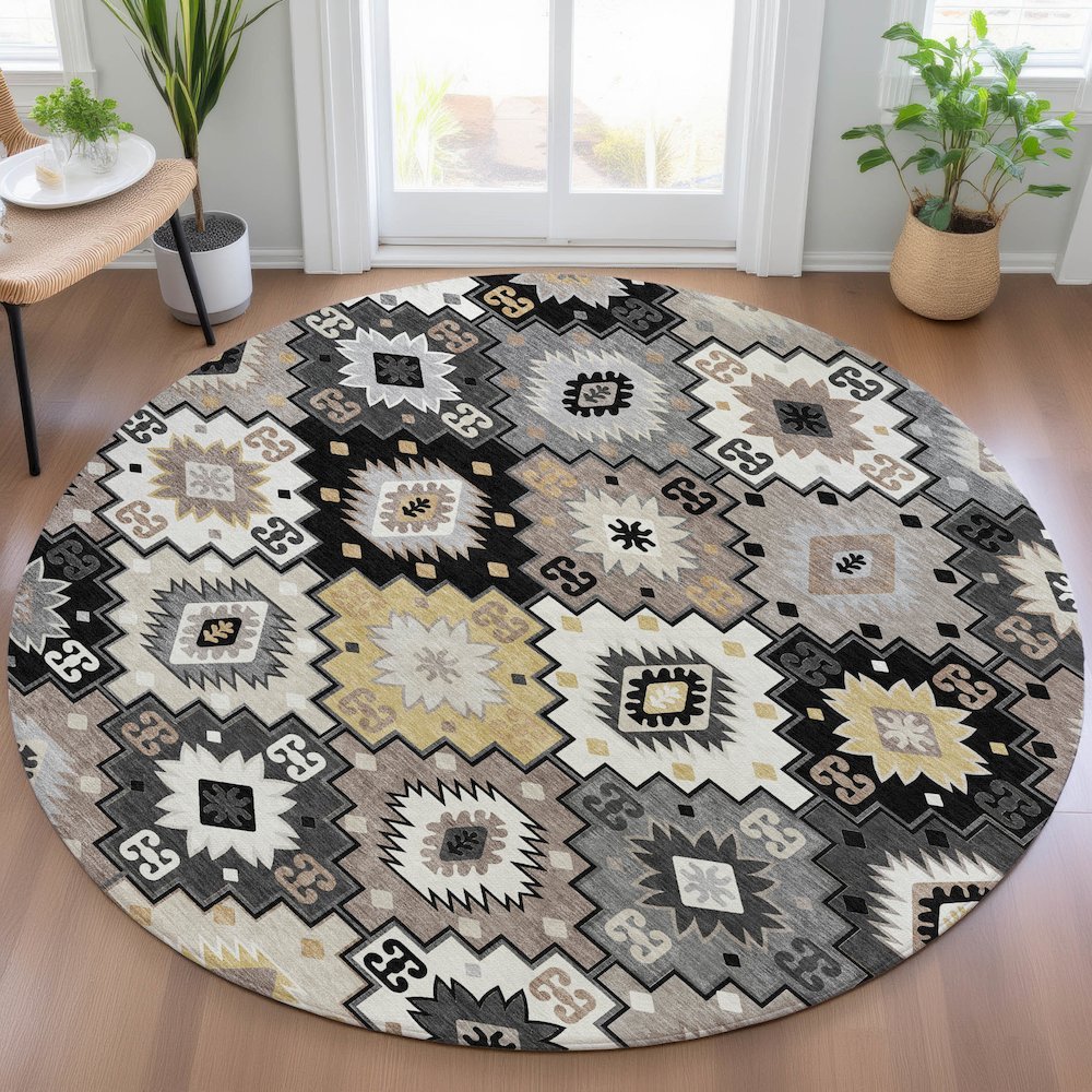 Machine Washable Indoor/Outdoor Chantille ACN2123 Black 8' x 8' Round Rug. Picture 5