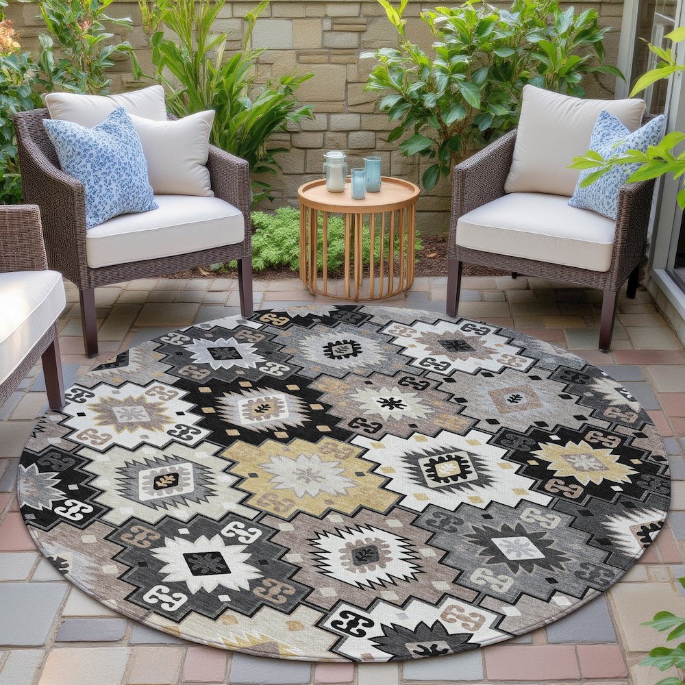 Machine Washable Indoor/Outdoor Chantille ACN2123 Black 8' x 8' Round Rug. Picture 6