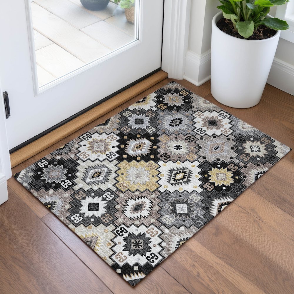 Machine Washable Indoor/Outdoor Chantille ACN2123 Black 1'8" x 2'6" Rug. Picture 5