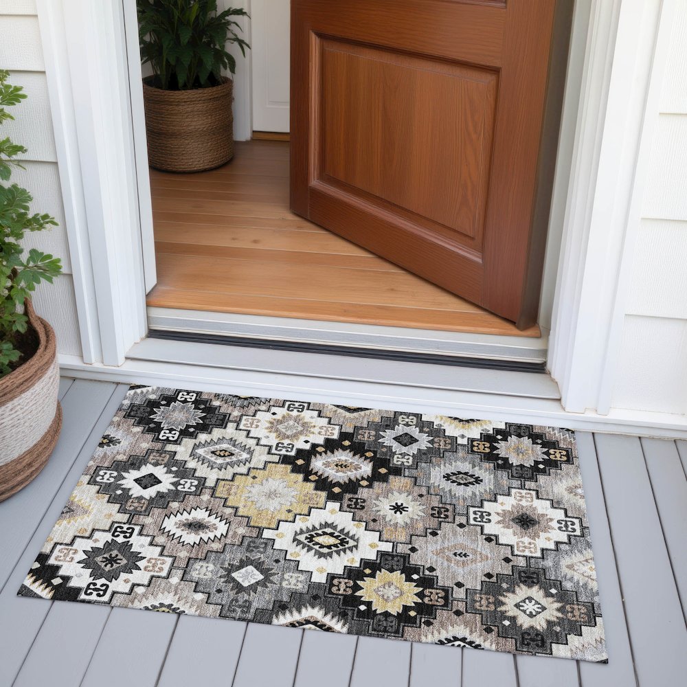Machine Washable Indoor/Outdoor Chantille ACN2123 Black 1'8" x 2'6" Rug. Picture 6