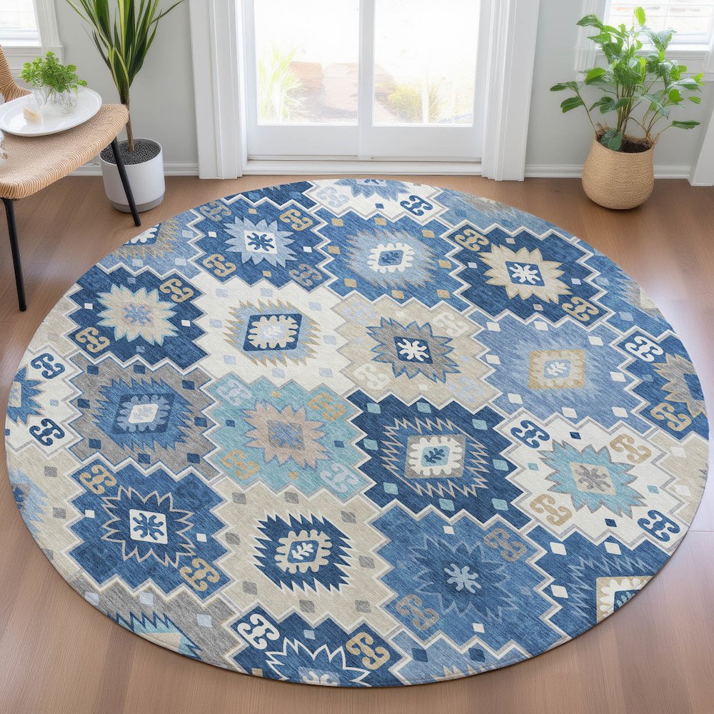 Machine Washable Indoor/Outdoor Chantille ACN2123 Blue 8' x 8' Round Rug. Picture 5