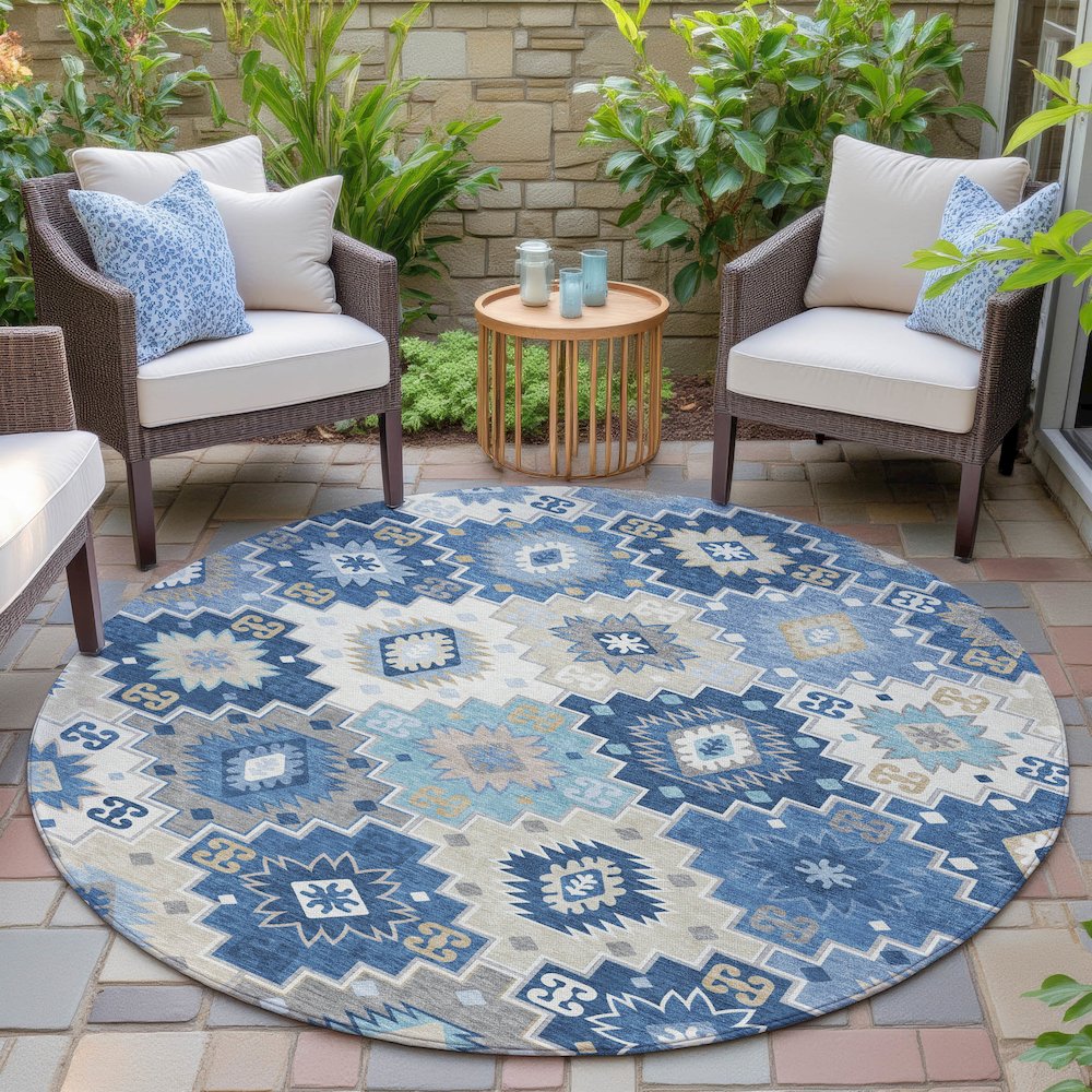 Machine Washable Indoor/Outdoor Chantille ACN2123 Blue 8' x 8' Round Rug. Picture 6