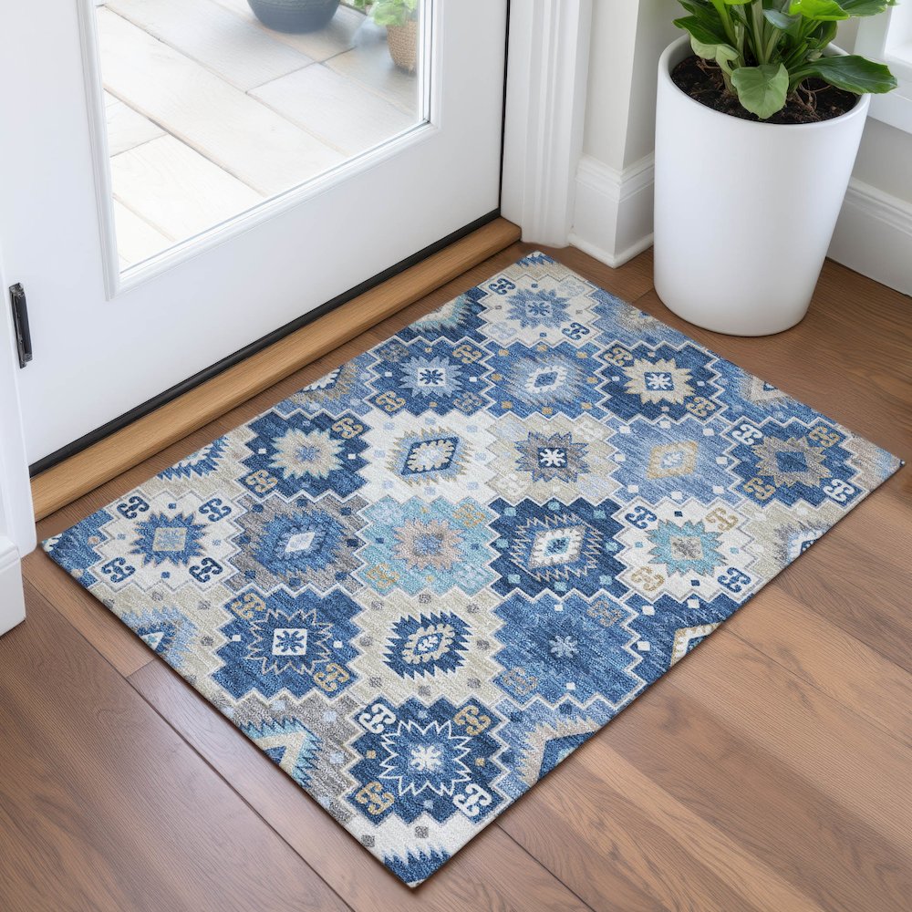 Machine Washable Indoor/Outdoor Chantille ACN2123 Blue 1'8" x 2'6" Rug. Picture 5