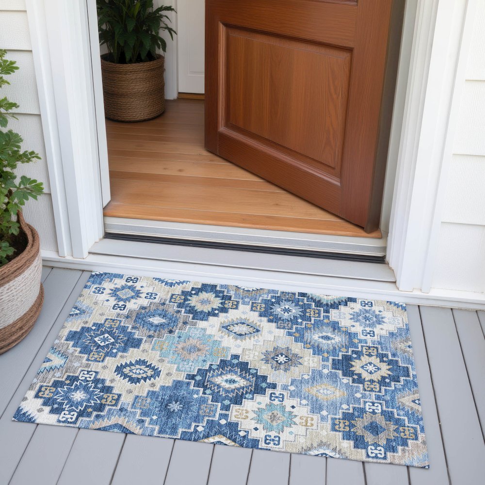 Machine Washable Indoor/Outdoor Chantille ACN2123 Blue 1'8" x 2'6" Rug. Picture 6