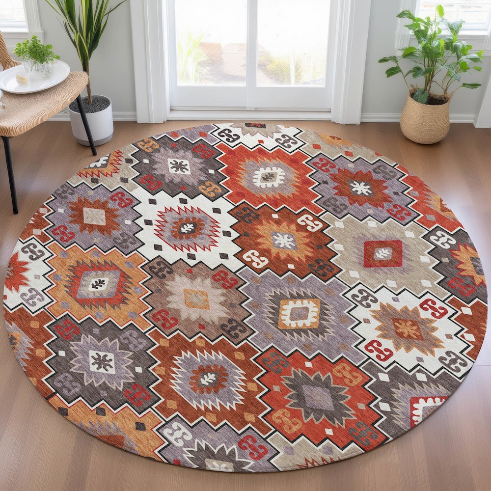 Machine Washable Indoor/Outdoor Chantille ACN2123 Paprika 8' x 8' Round Rug. Picture 5