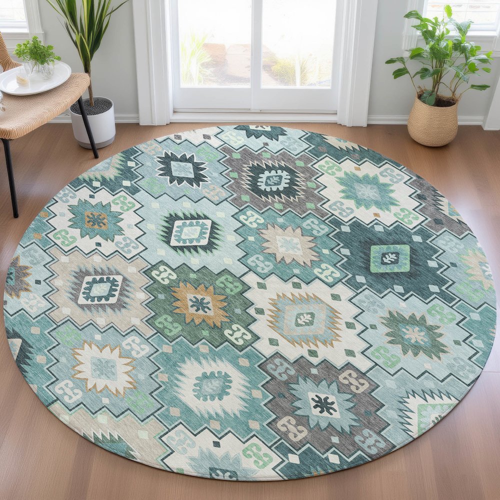 Machine Washable Indoor/Outdoor Chantille ACN2123 Teal 8' x 8' Round Rug. Picture 5
