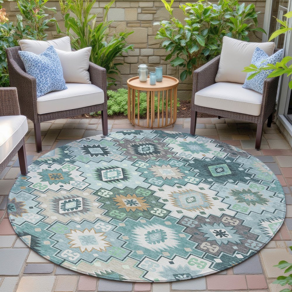 Machine Washable Indoor/Outdoor Chantille ACN2123 Teal 8' x 8' Round Rug. Picture 6