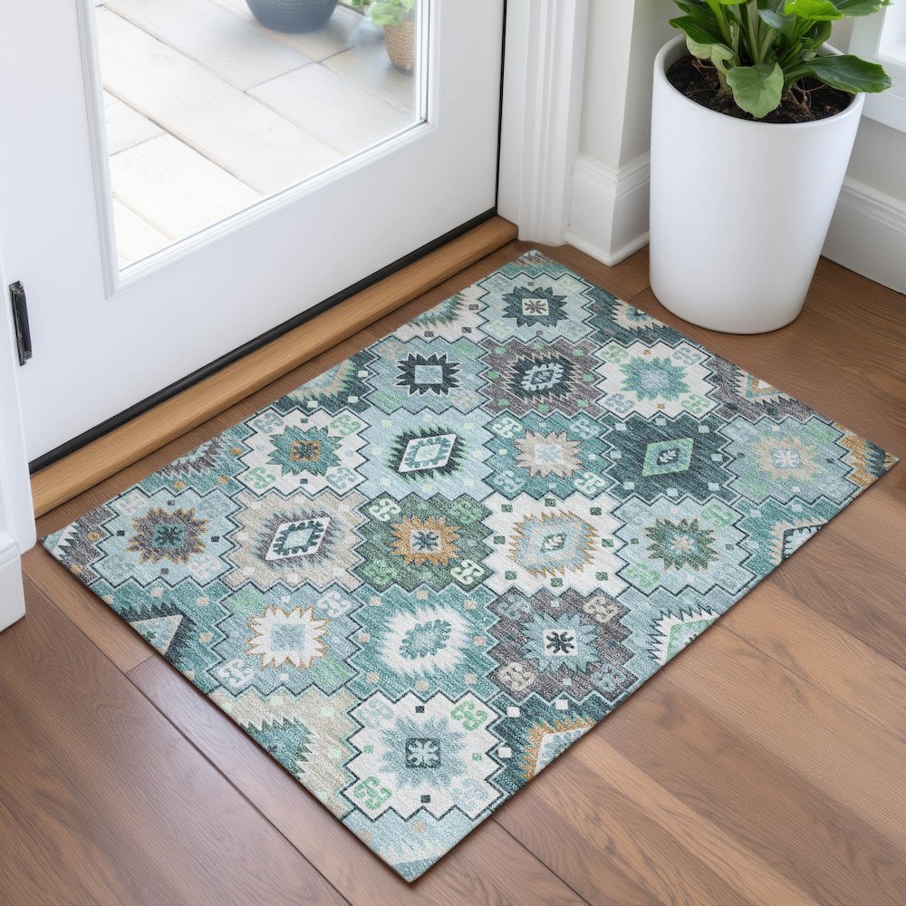 Machine Washable Indoor/Outdoor Chantille ACN2123 Teal 1'8" x 2'6" Rug. Picture 5