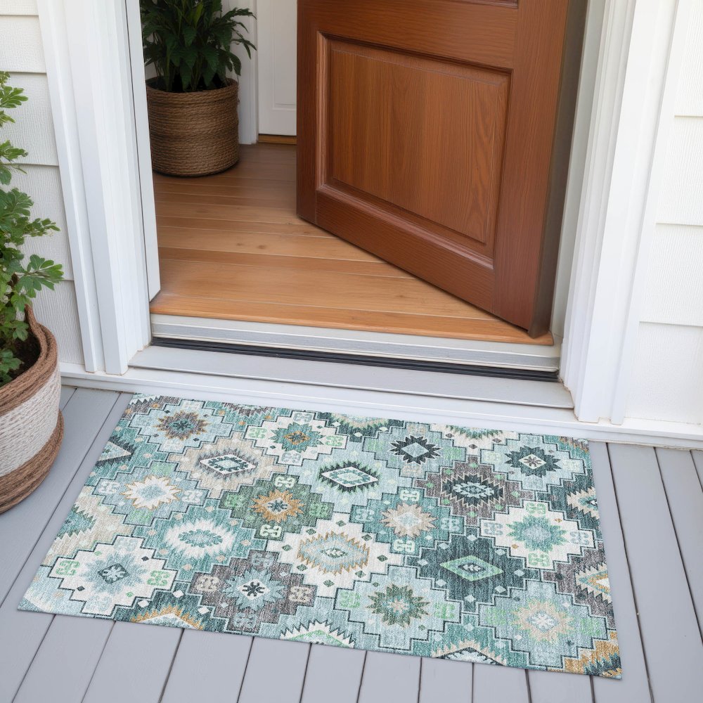 Machine Washable Indoor/Outdoor Chantille ACN2123 Teal 1'8" x 2'6" Rug. Picture 6