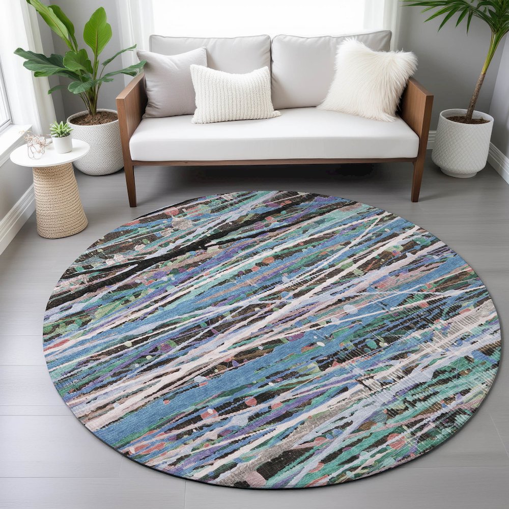 Machine Washable Indoor/Outdoor Chantille ACN2125 Blue 8' x 8' Round Rug. Picture 5