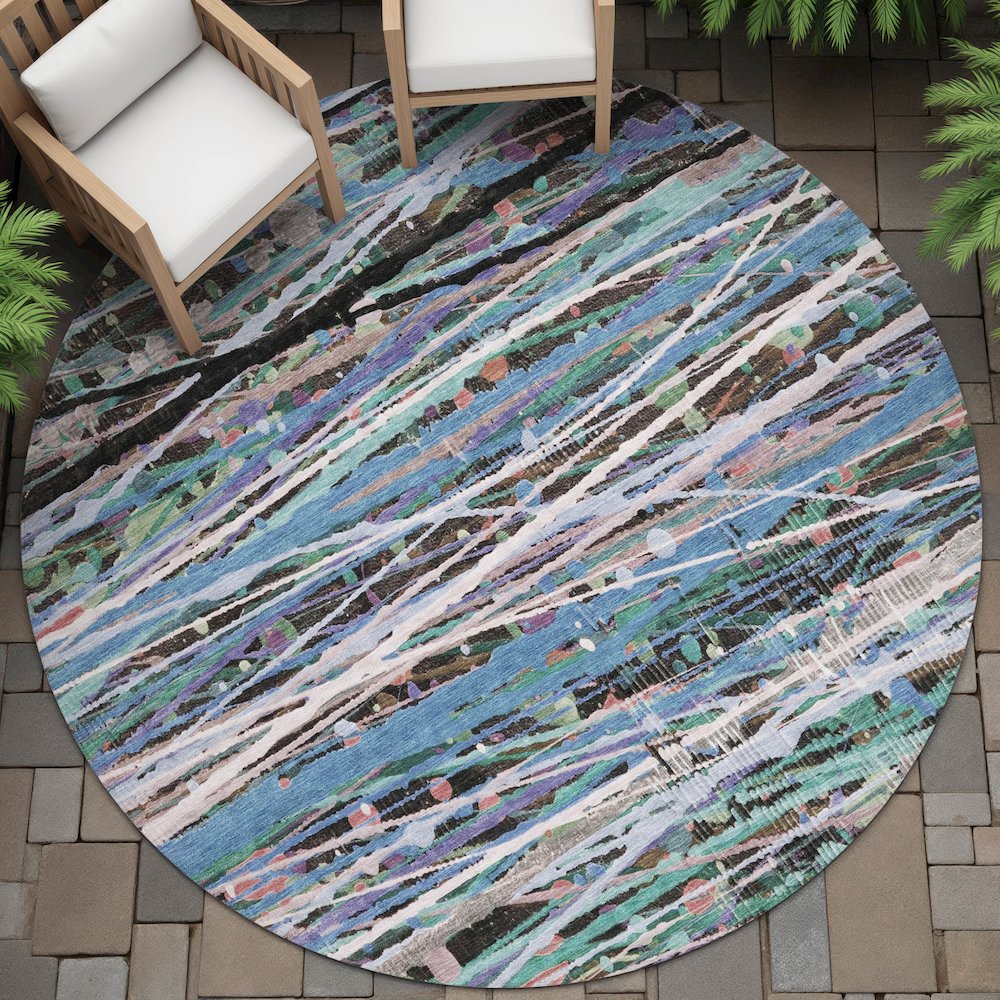 Machine Washable Indoor/Outdoor Chantille ACN2125 Blue 8' x 8' Round Rug. Picture 6