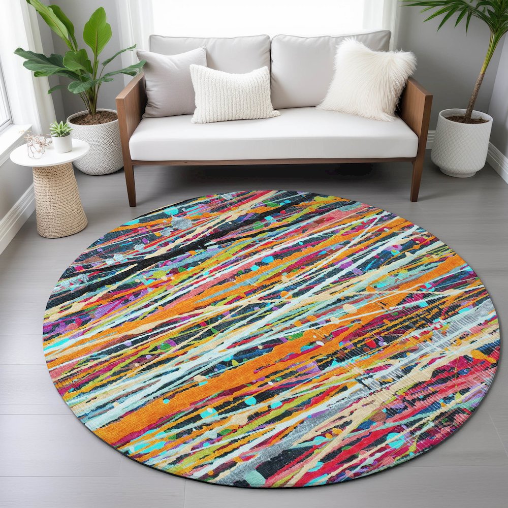 Machine Washable Indoor/Outdoor Chantille ACN2125 Orange 8' x 8' Round Rug. Picture 5