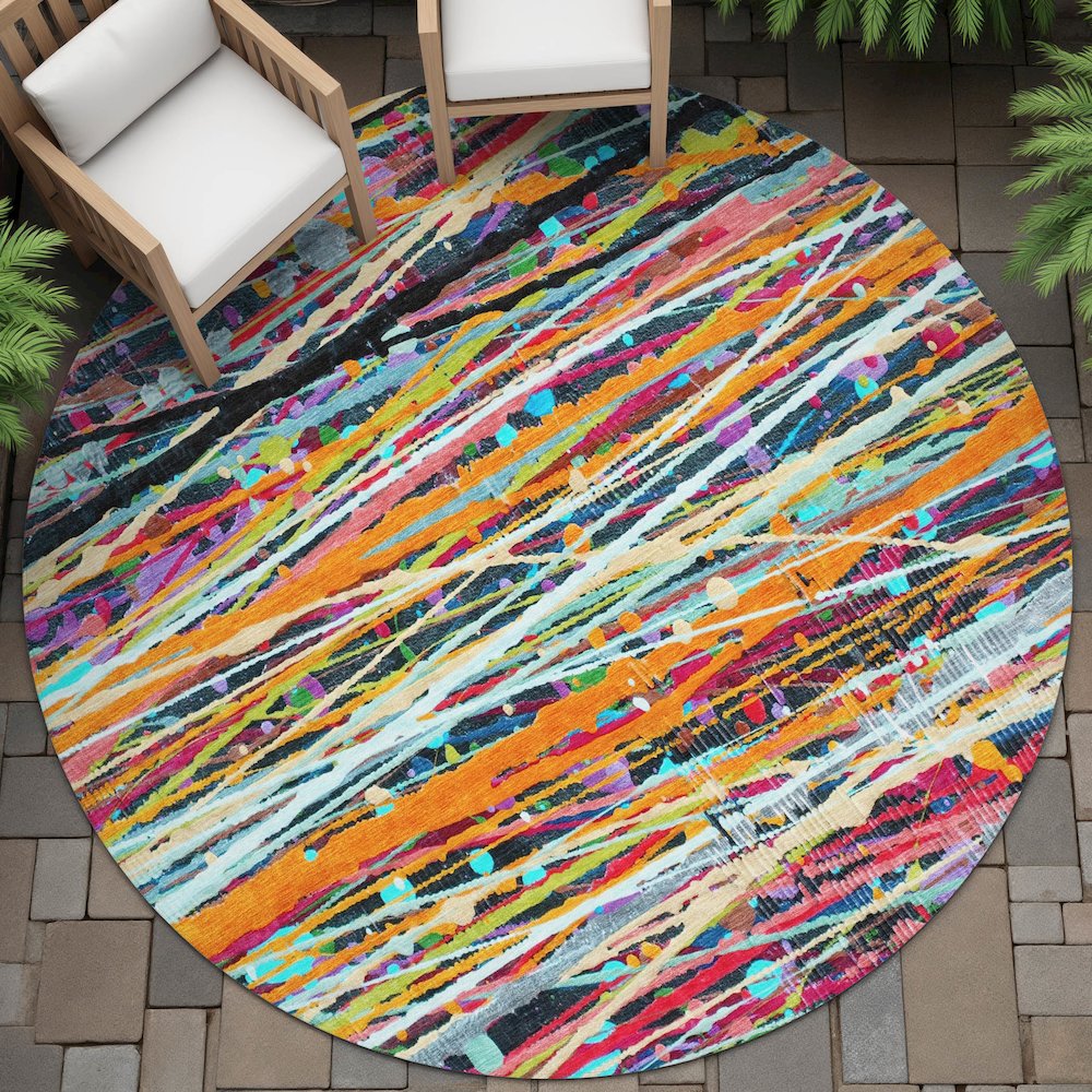 Machine Washable Indoor/Outdoor Chantille ACN2125 Orange 8' x 8' Round Rug. Picture 6