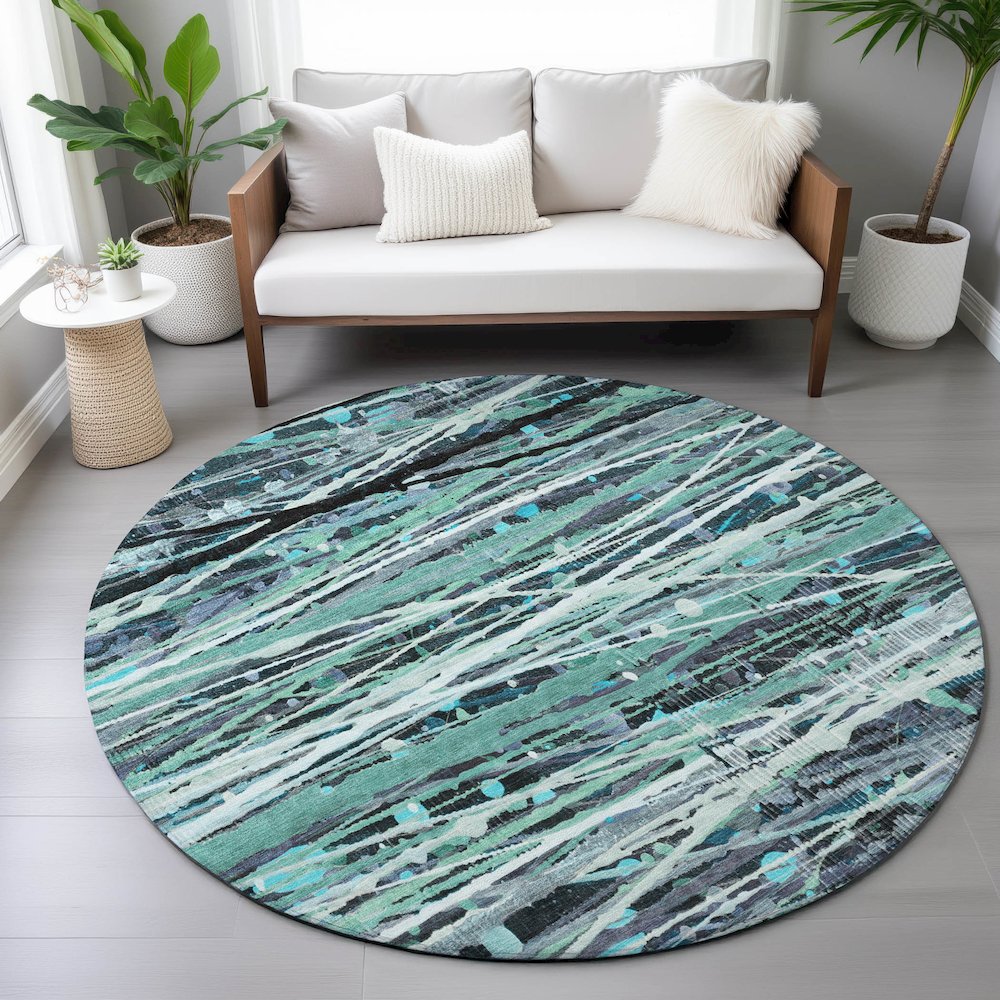 Machine Washable Indoor/Outdoor Chantille ACN2126 Teal 8' x 8' Round Rug. Picture 5