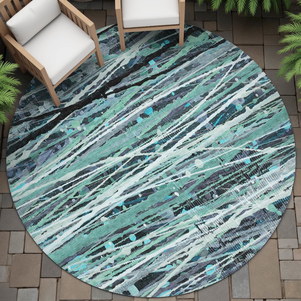 Machine Washable Indoor/Outdoor Chantille ACN2126 Teal 8' x 8' Round Rug. Picture 6