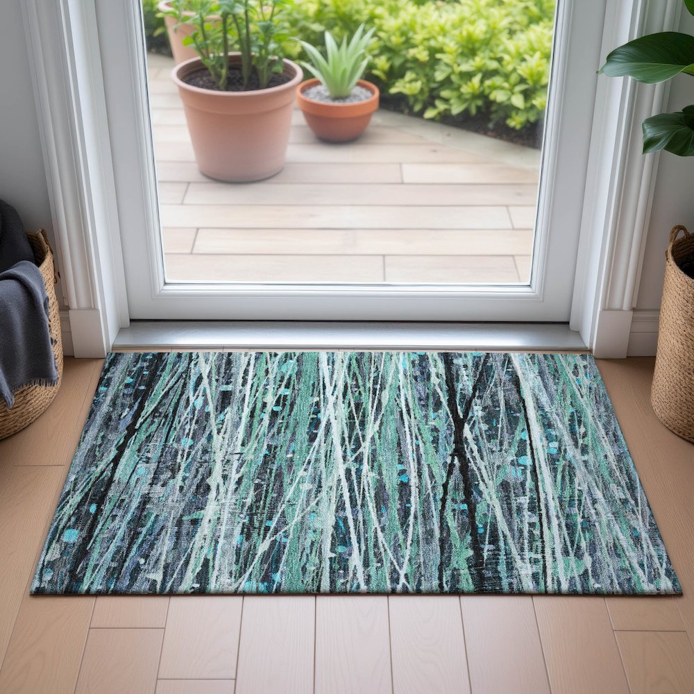 Machine Washable Indoor/Outdoor Chantille ACN2126 Teal 1'8" x 2'6" Rug. Picture 5