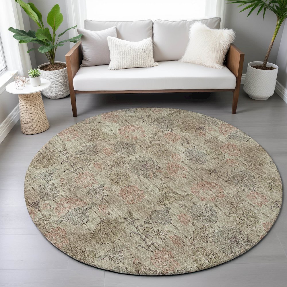 Machine Washable Indoor/Outdoor Chantille ACN2128 Brown 8' x 8' Round Rug. Picture 5