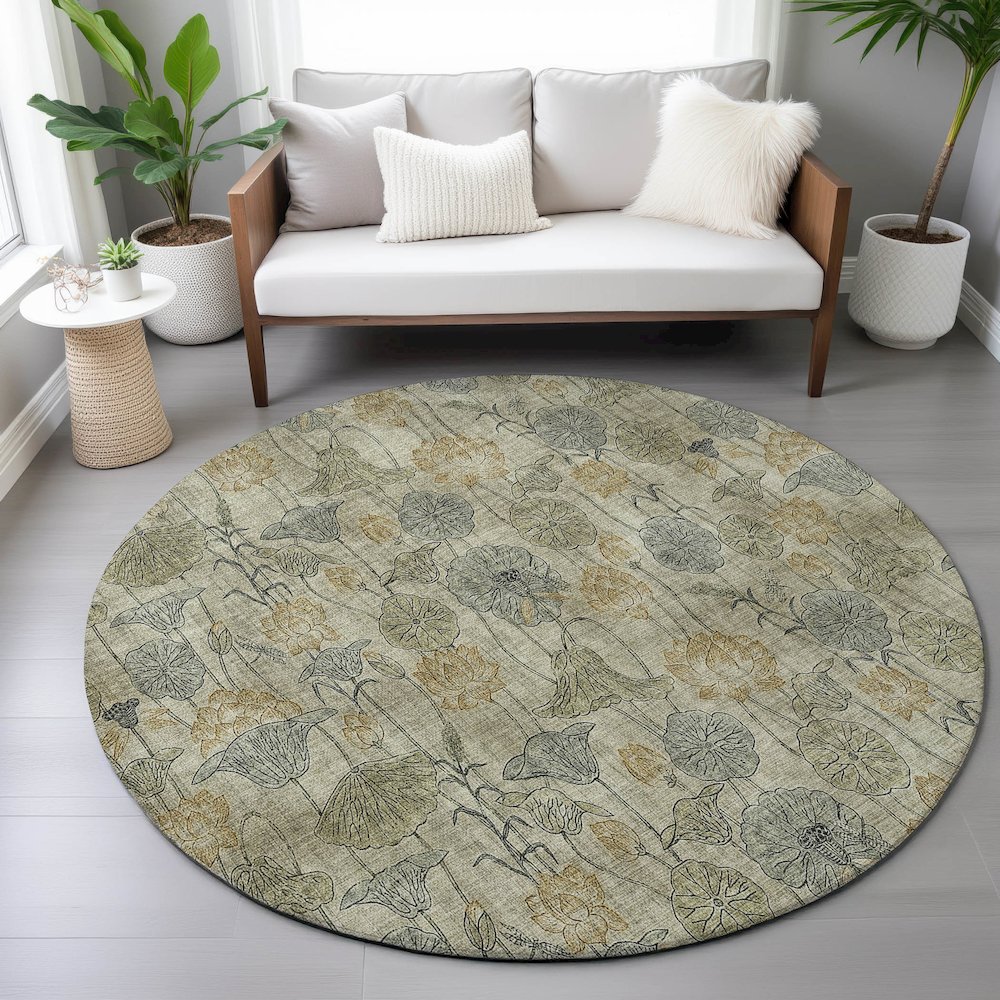 Machine Washable Indoor/Outdoor Chantille ACN2128 Khaki 8' x 8' Round Rug. Picture 5
