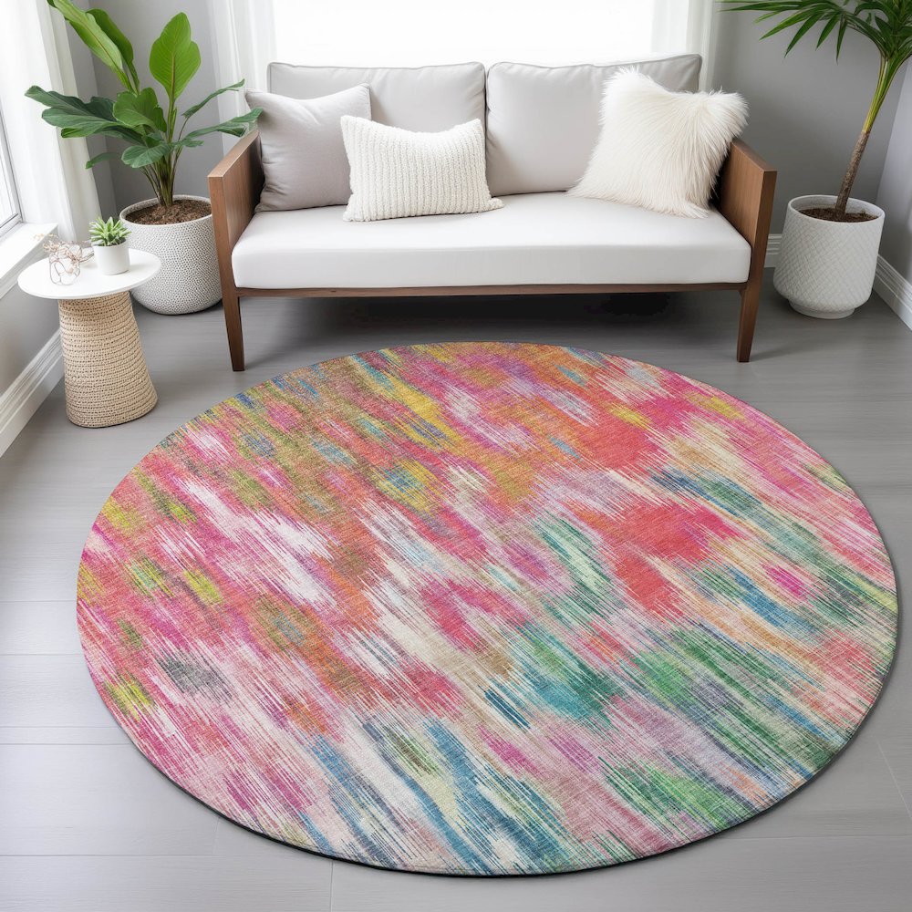 Machine Washable Indoor/Outdoor Chantille ACN2129 Pink 8' x 8' Round Rug. Picture 5