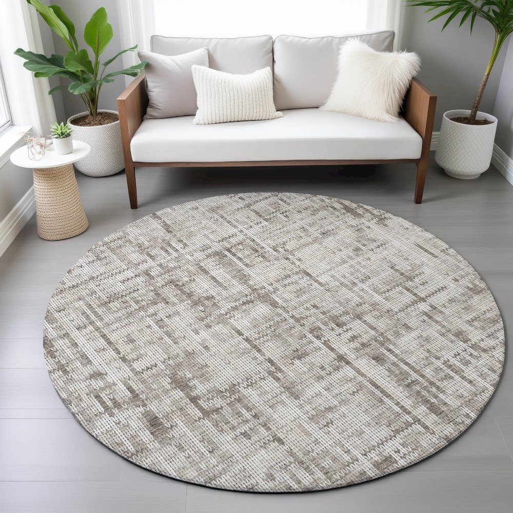 Machine Washable Indoor/Outdoor Chantille ACN2130 Taupe 8' x 8' Round Rug. Picture 5