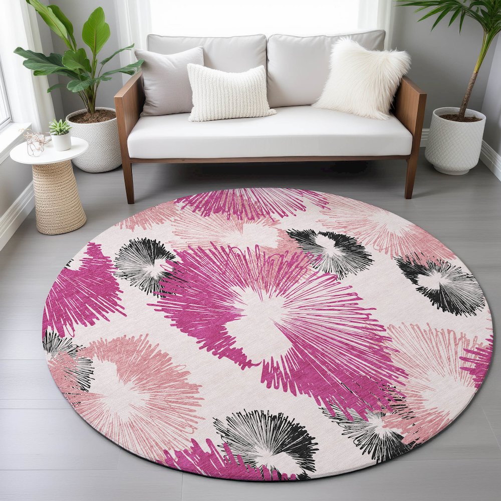 Machine Washable Indoor/Outdoor Chantille ACN2132 Pink 8' x 8' Round Rug. Picture 5