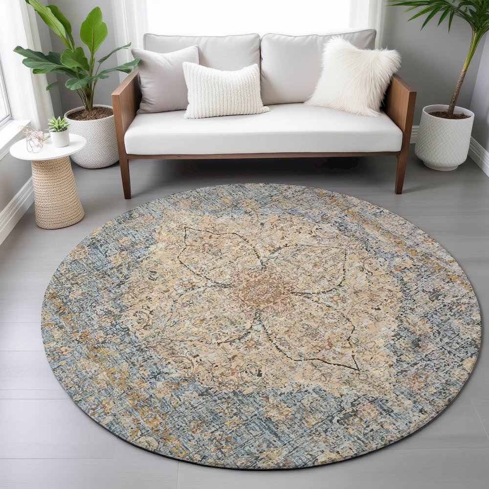 Machine Washable Indoor/Outdoor Chantille ACN2136 Blue 8' x 8' Round Rug. Picture 5