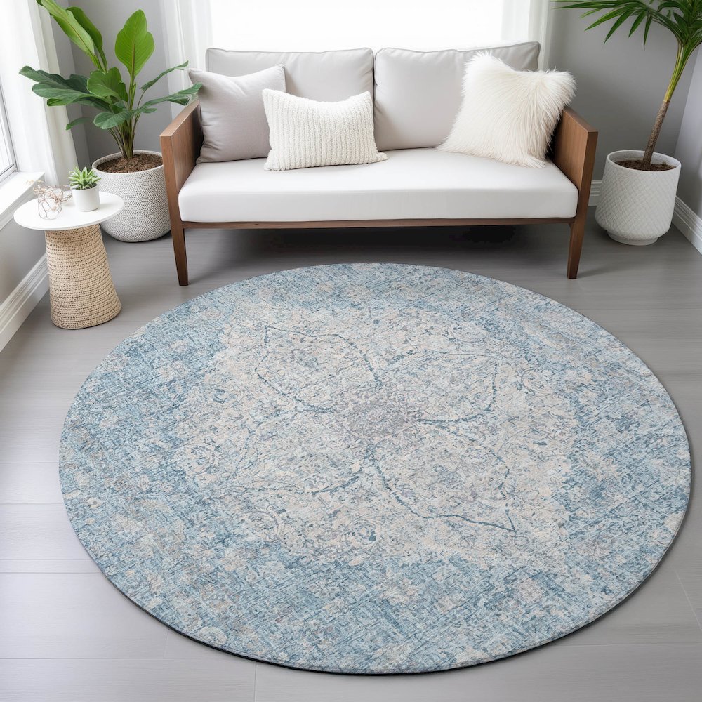 Machine Washable Indoor/Outdoor Chantille ACN2136 Denim 8' x 8' Round Rug. Picture 5