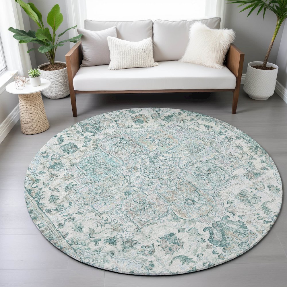 Machine Washable Indoor/Outdoor Chantille ACN2138 Teal 8' x 8' Round Rug. Picture 5