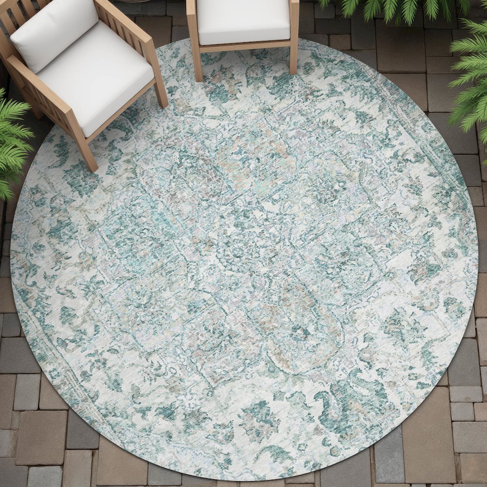 Machine Washable Indoor/Outdoor Chantille ACN2138 Teal 8' x 8' Round Rug. Picture 6
