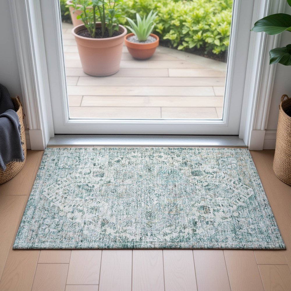 Machine Washable Indoor/Outdoor Chantille ACN2138 Teal 1'8" x 2'6" Rug. Picture 5