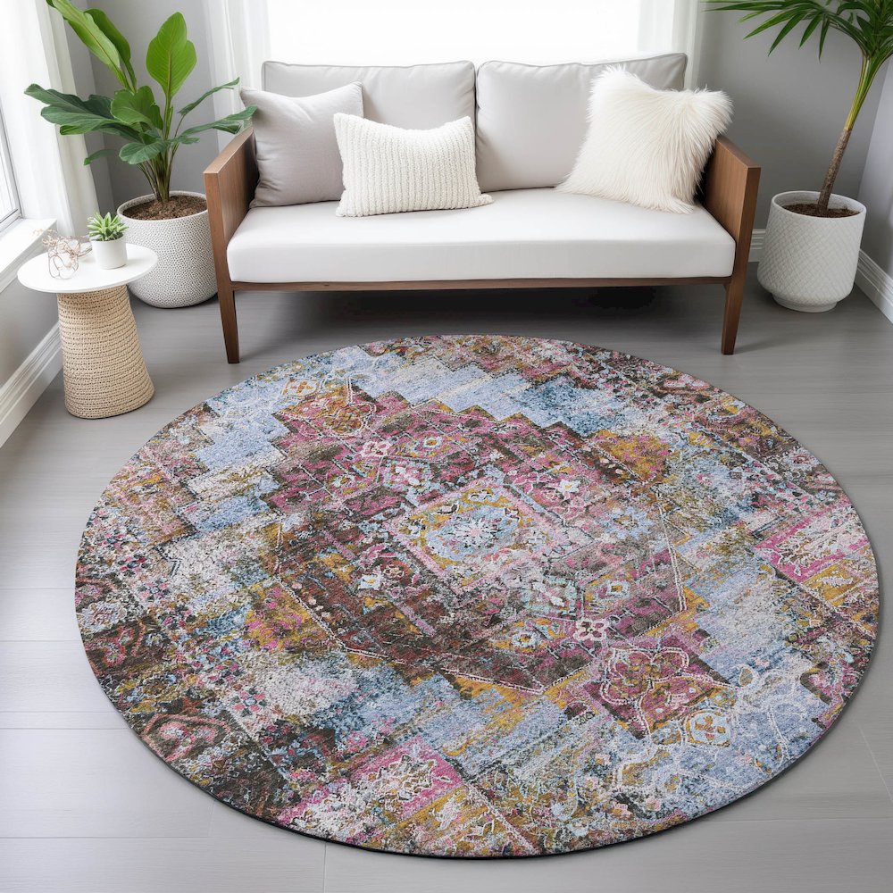 Machine Washable Indoor/Outdoor Chantille ACN2139 Pink 8' x 8' Round Rug. Picture 5