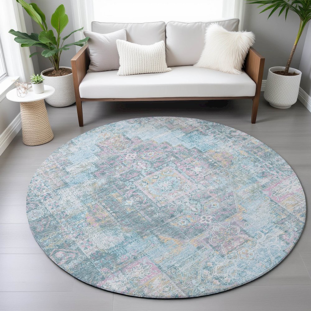 Machine Washable Indoor/Outdoor Chantille ACN2140 Blue 8' x 8' Round Rug. Picture 5