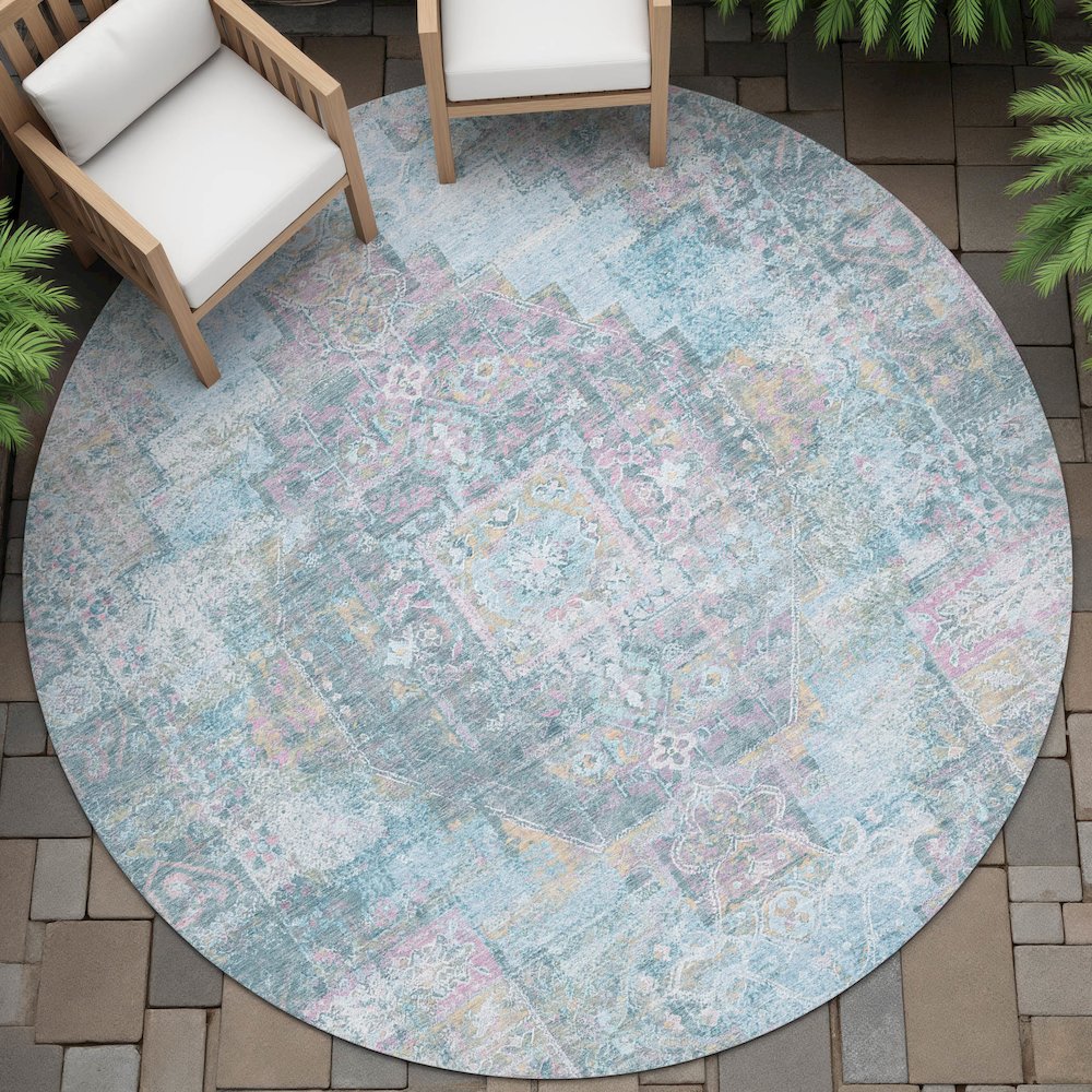 Machine Washable Indoor/Outdoor Chantille ACN2140 Blue 8' x 8' Round Rug. Picture 6