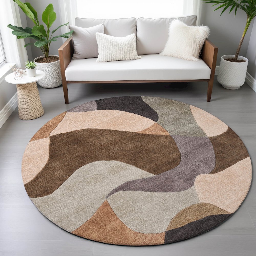 Machine Washable Indoor/Outdoor Chantille ACN2141 Chocolate 8' x 8' Round Rug. Picture 5