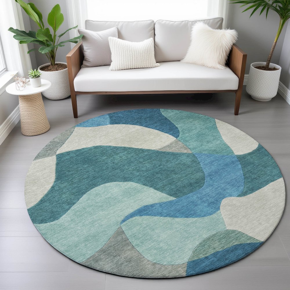 Machine Washable Indoor/Outdoor Chantille ACN2141 Teal 8' x 8' Round Rug. Picture 5