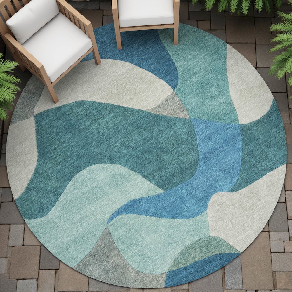 Machine Washable Indoor/Outdoor Chantille ACN2141 Teal 8' x 8' Round Rug. Picture 6