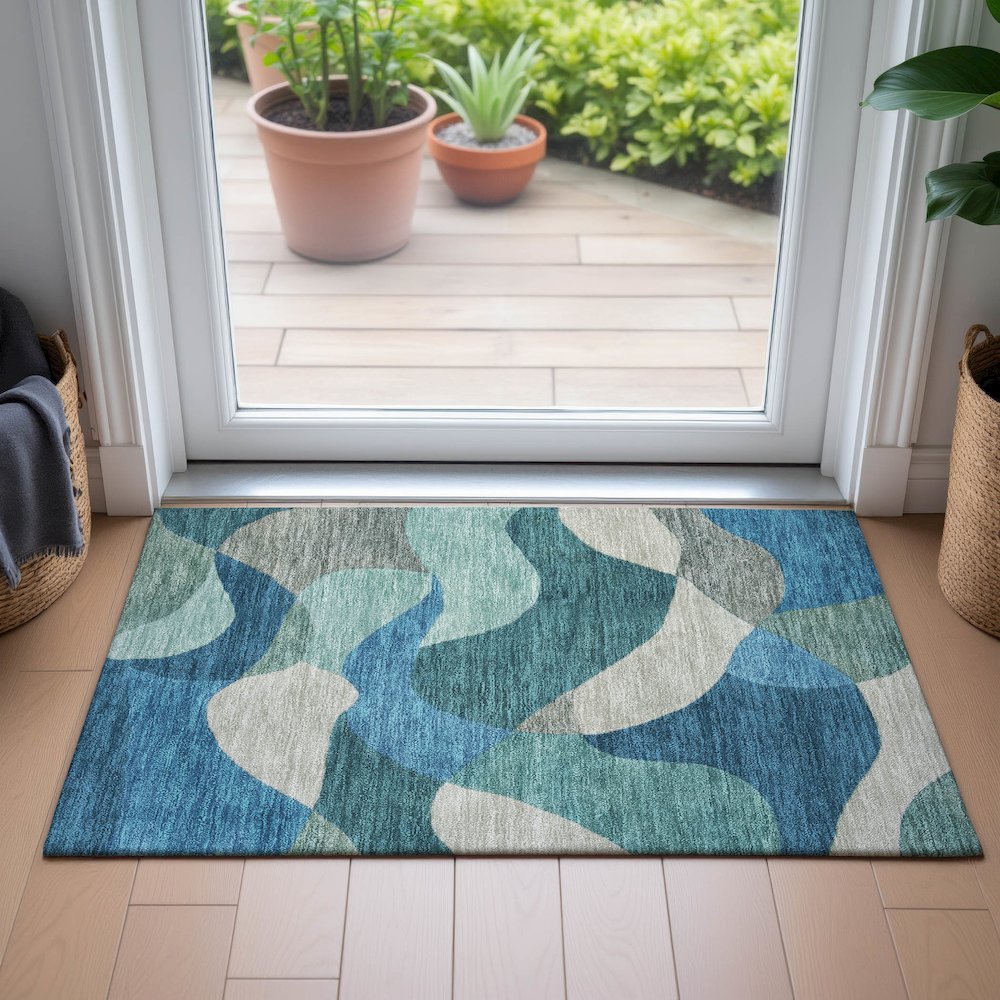 Machine Washable Indoor/Outdoor Chantille ACN2141 Teal 1'8" x 2'6" Rug. Picture 5