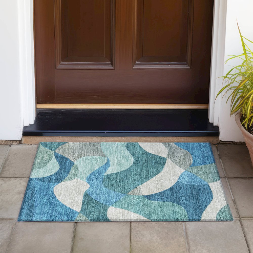 Machine Washable Indoor/Outdoor Chantille ACN2141 Teal 1'8" x 2'6" Rug. Picture 6