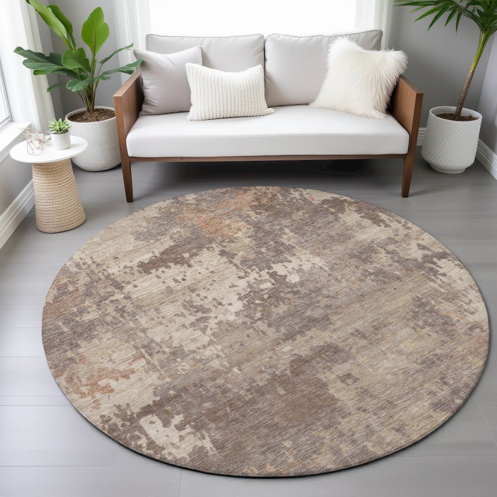Machine Washable Indoor/Outdoor Chantille ACN2143 Brown 8' x 8' Round Rug. Picture 5