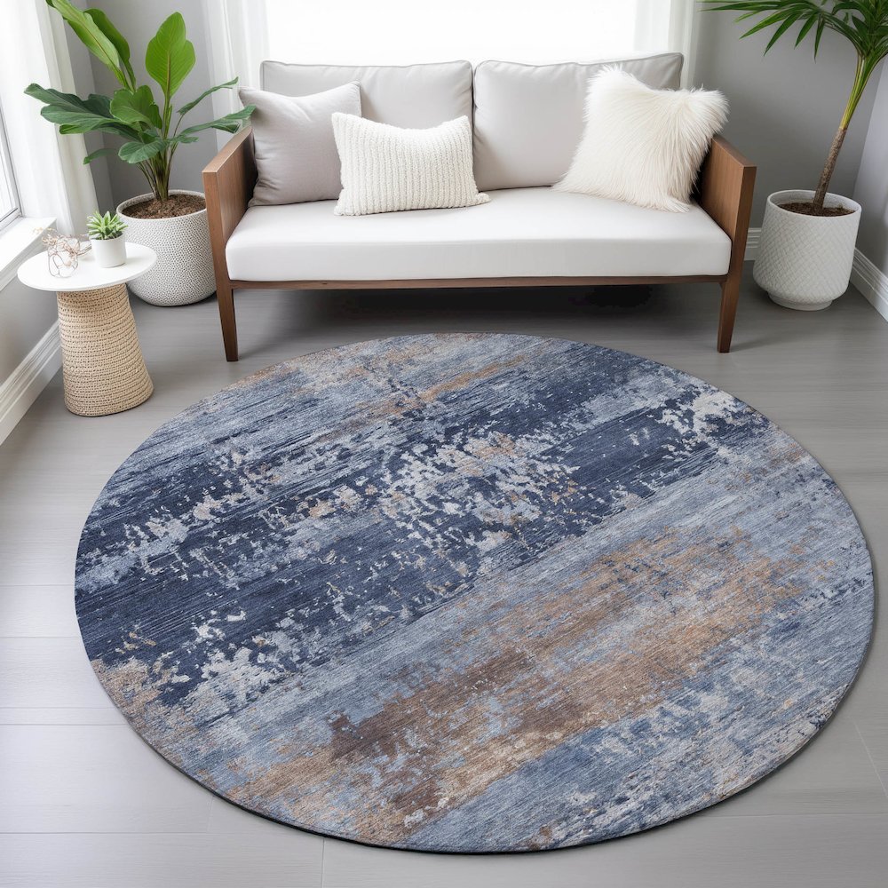 Machine Washable Indoor/Outdoor Chantille ACN2146 Blue 8' x 8' Round Rug. Picture 5