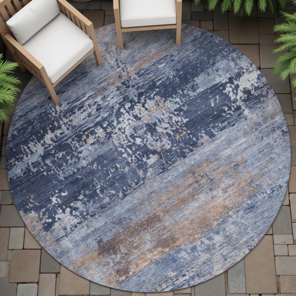 Machine Washable Indoor/Outdoor Chantille ACN2146 Blue 8' x 8' Round Rug. Picture 6