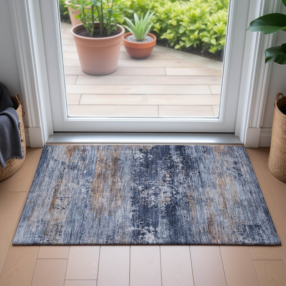 Machine Washable Indoor/Outdoor Chantille ACN2146 Blue 1'8" x 2'6" Rug. Picture 5