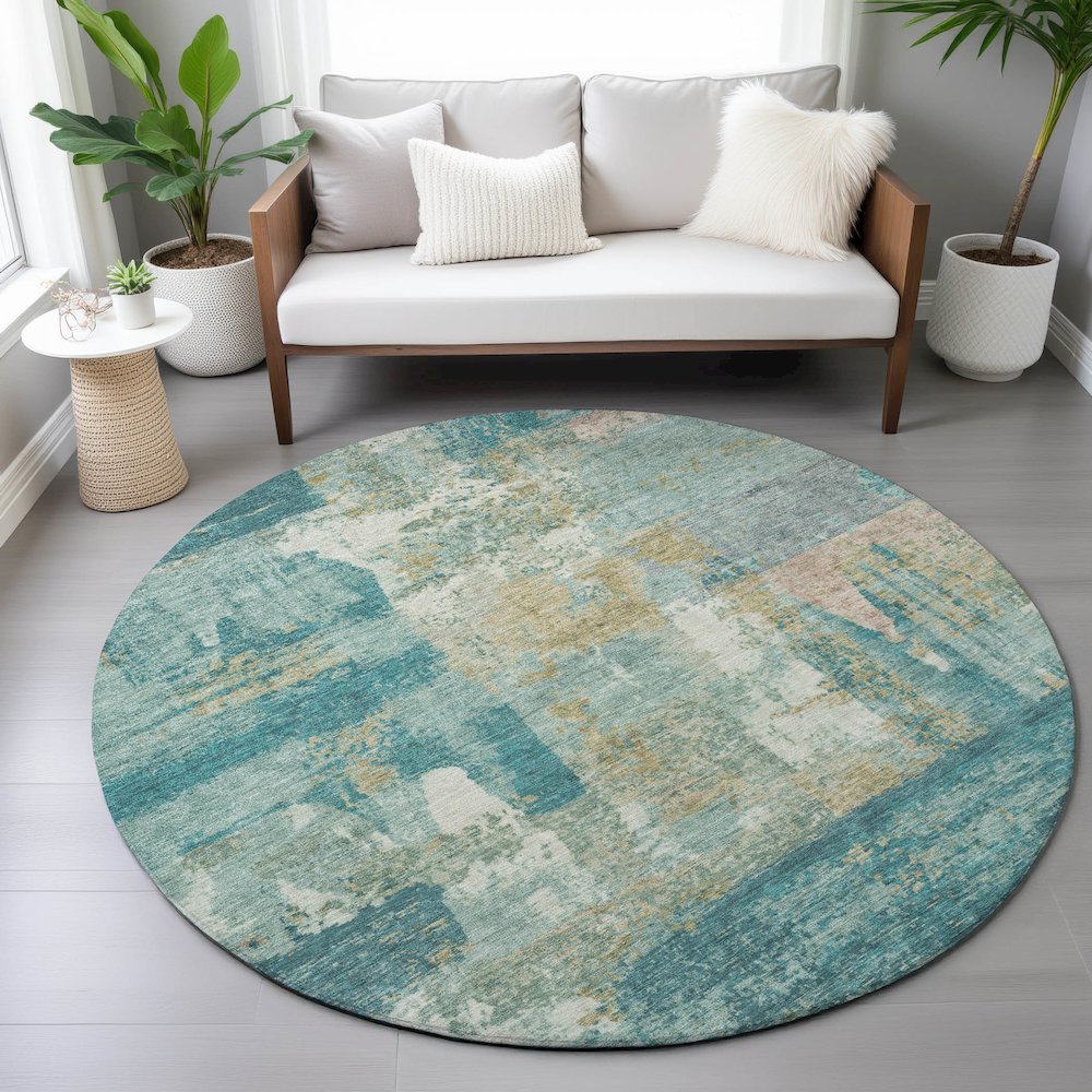 Machine Washable Indoor/Outdoor Chantille ACN2147 Teal 8' x 8' Round Rug. Picture 5